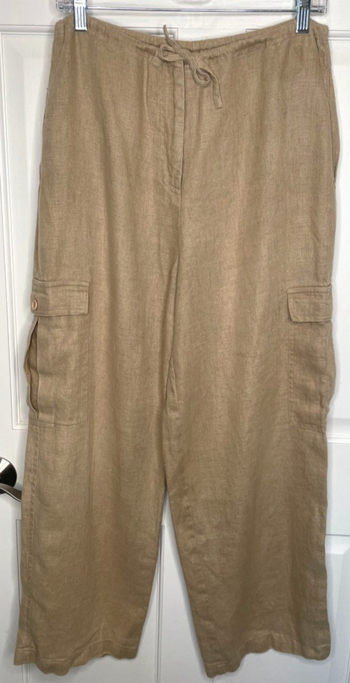 Vintage Women's 100% Linen Relaxed Cargo Pants Sz L Lagenlook Natural Boho Beach